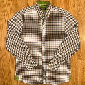 Banana Lemon Mens Button Up Long Sleeve Shirt rust navy green checkered plaid L
